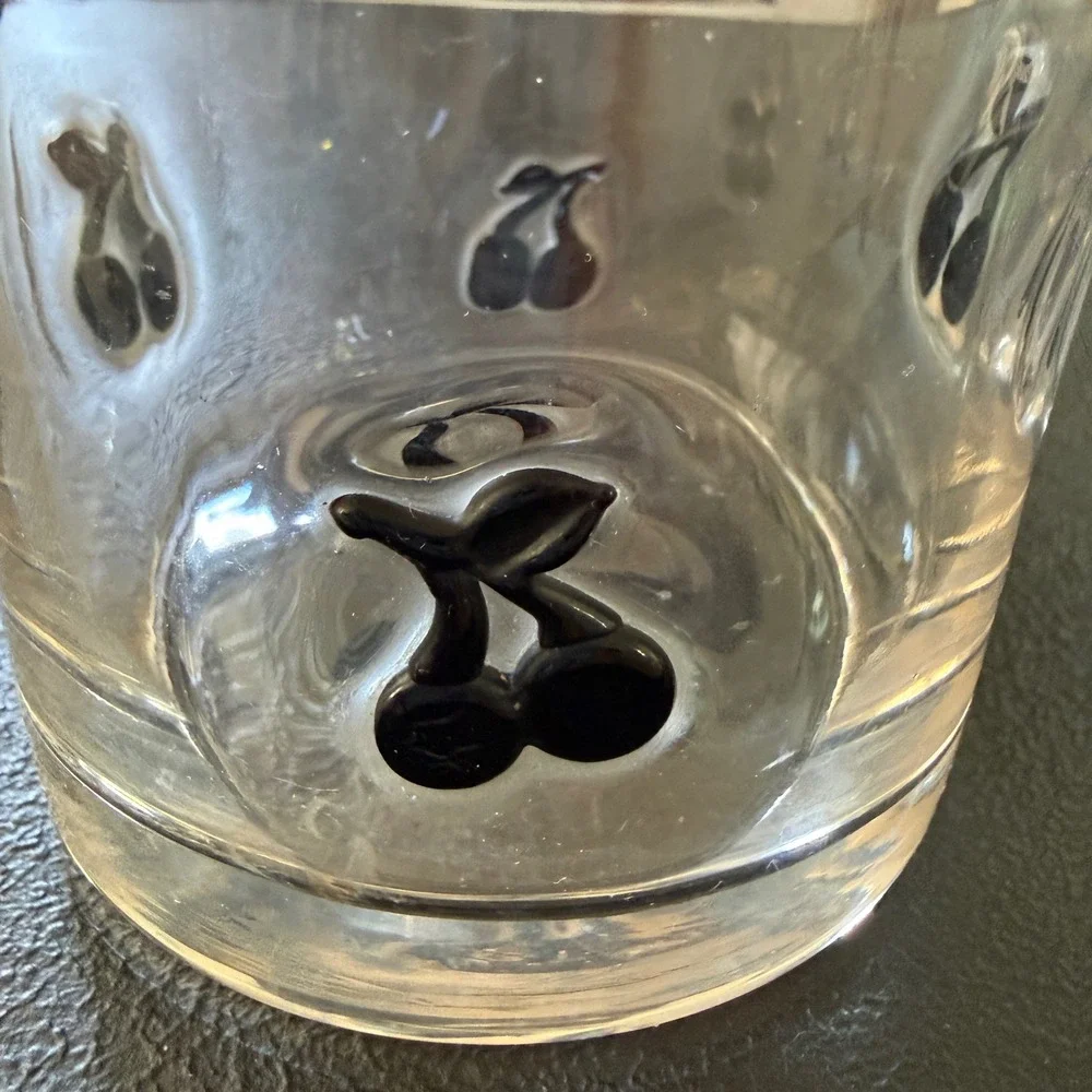 Anthropologie Handblown Clear Glass Rocks Tumbler Black Cherry Cherries Rare